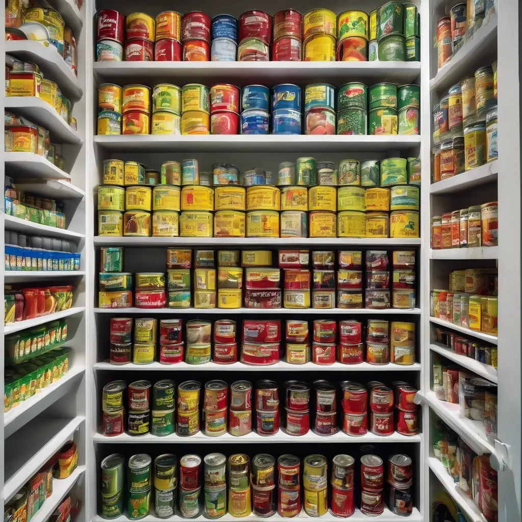 Organized kitchen cupboard with grouped tins and dry goods
