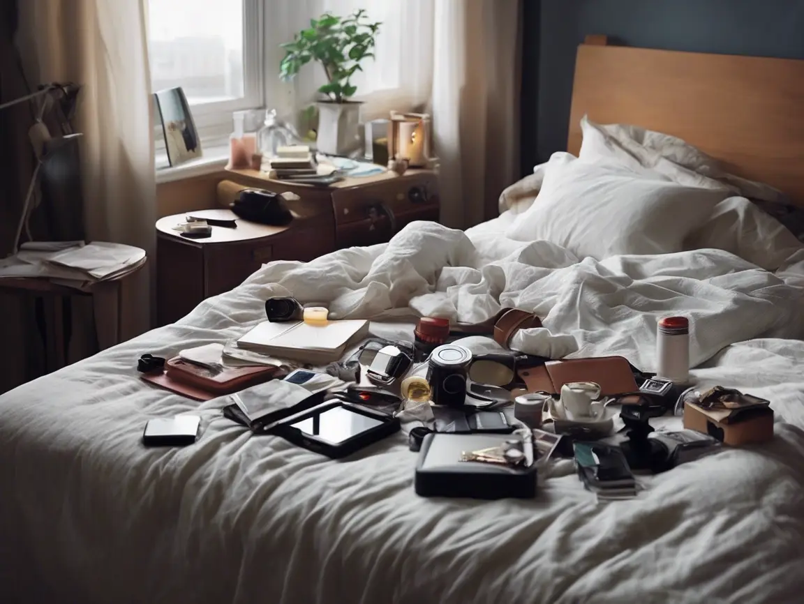 Clearing half of a cluttered bed before and after