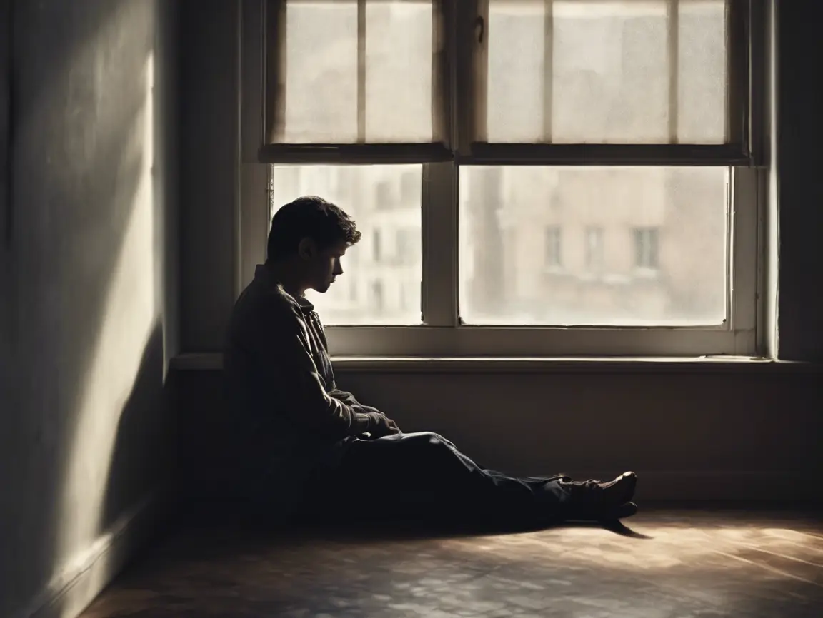 Illustration of someone sitting quietly in a cluttered space with soft light