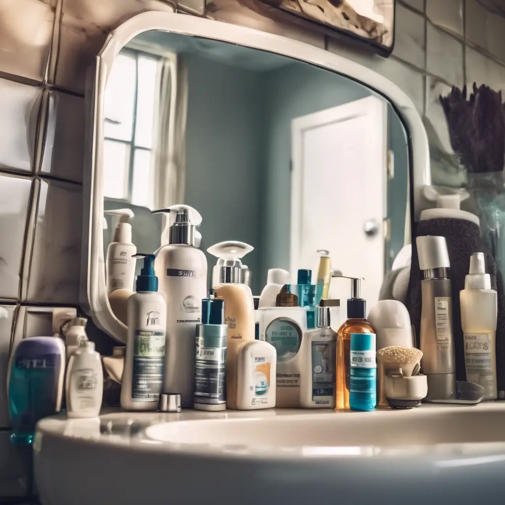 Empty bottles and old cosmetics scattered in a room