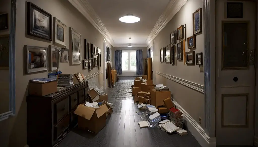 Blocked hallway in cluttered home - signs of hoarding disorder