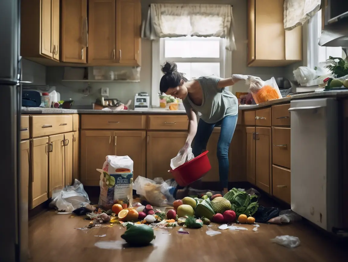 Outdated and spoiled food items in a cluttered kitchen