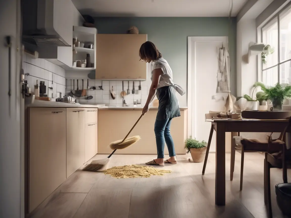 Swept kitchen corner with broom