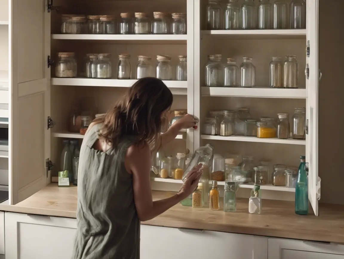 Outdated or empty condiment and jar bottles on a kitchen shelf