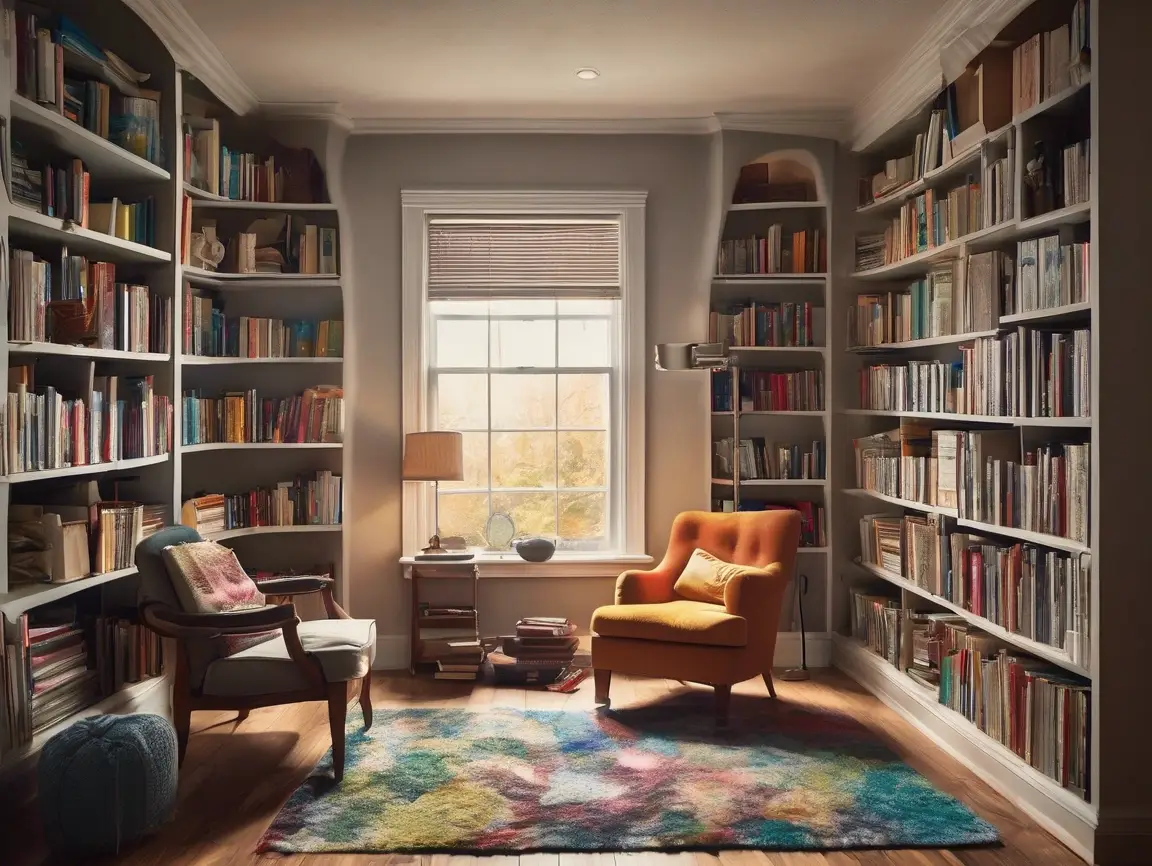Scattered books across a room before being stacked