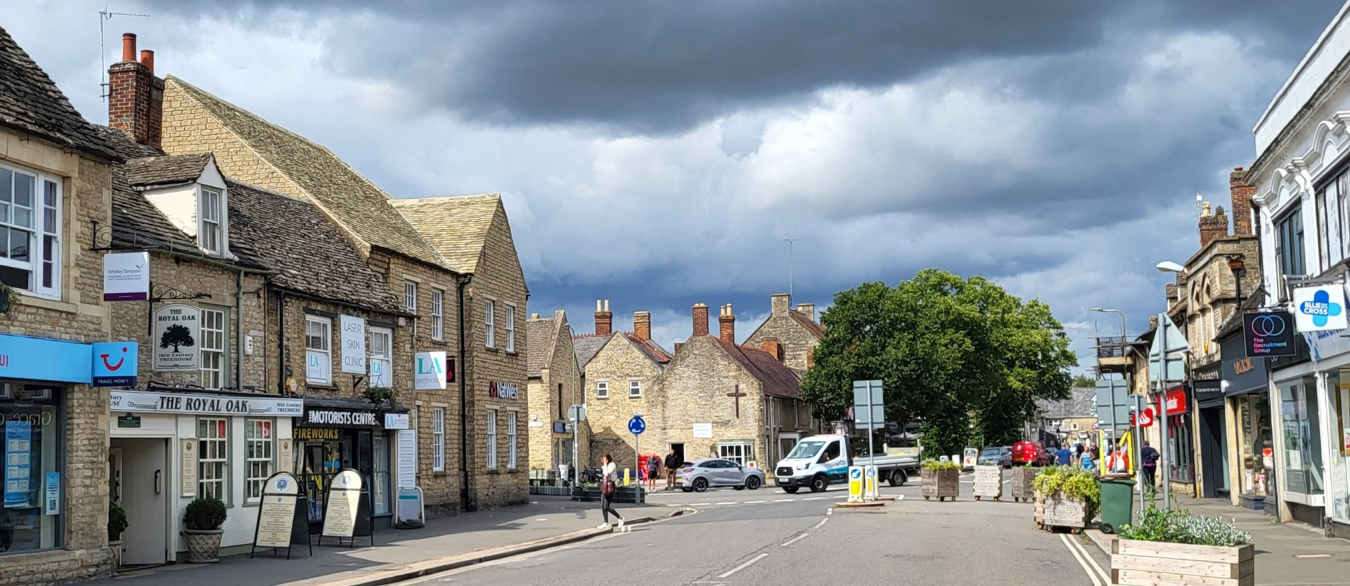 Historic central street scene in Witney, Oxfordshire